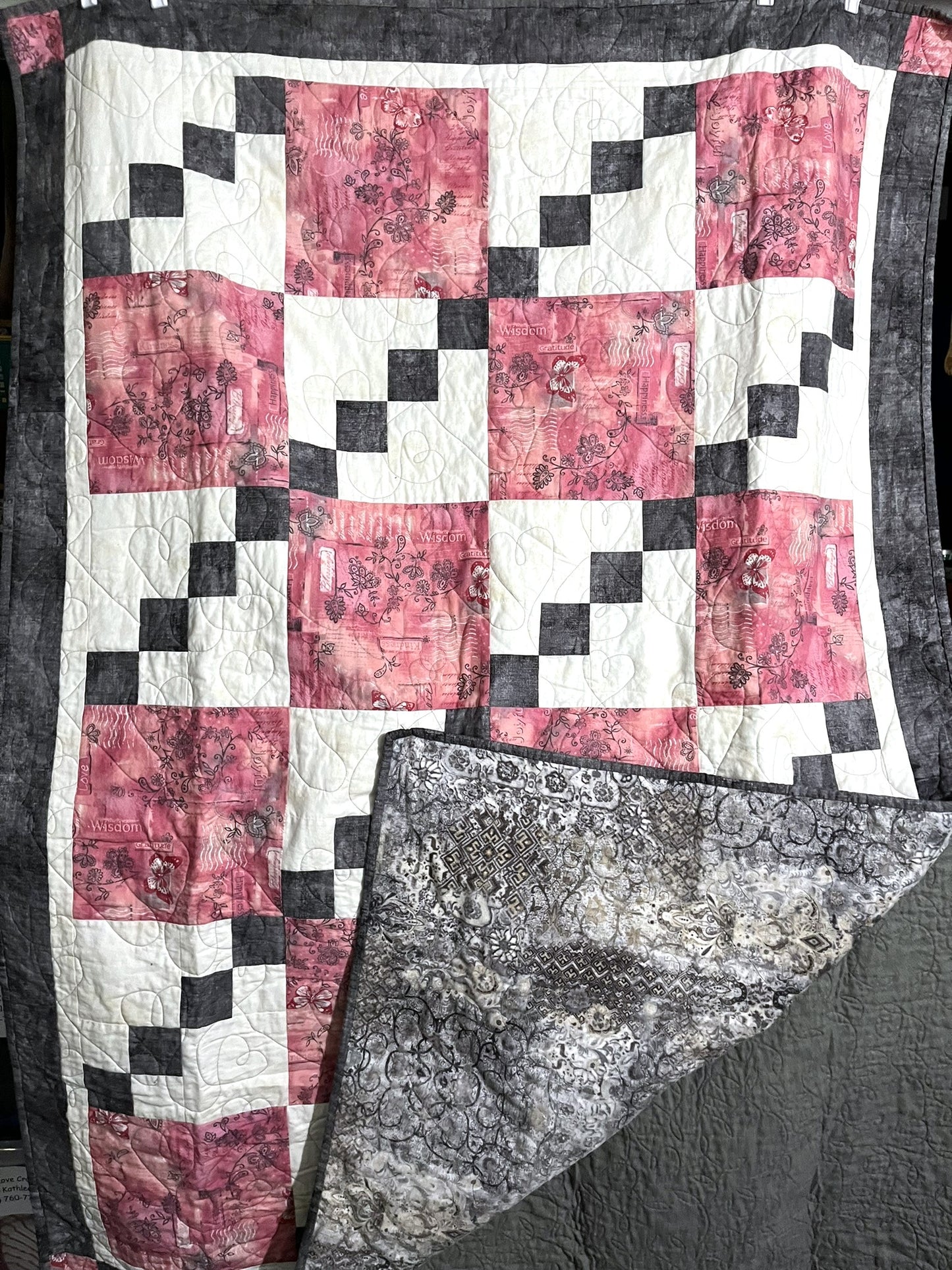 Quilted Throw, Blessings in Pink and Grey